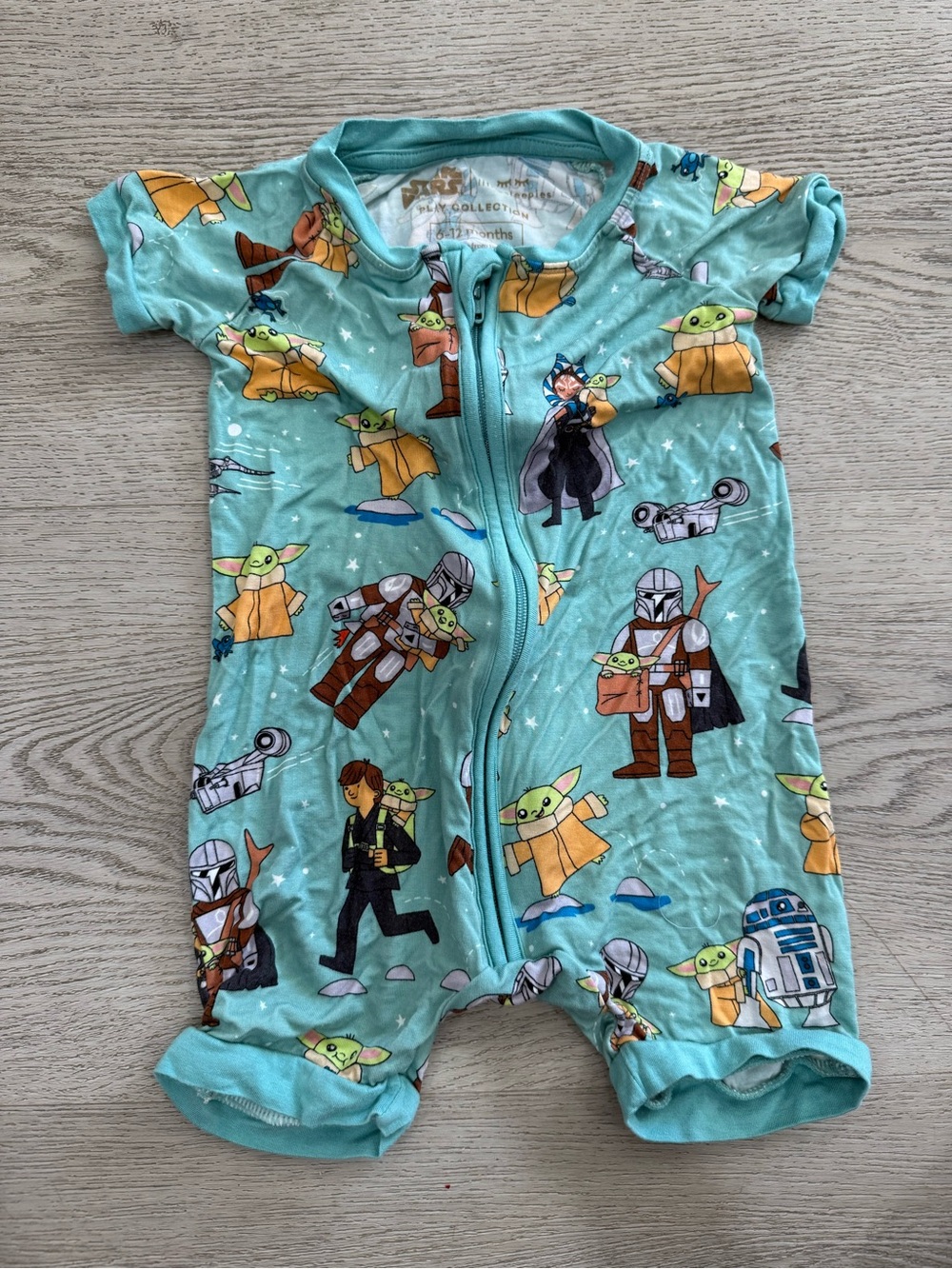 Little Sleepies 6-12 short zippy One-Piece Romper in Aqua with Grogu and mando